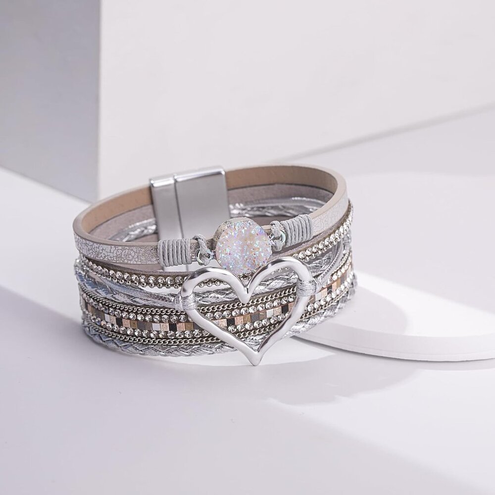 Heart Leather Wrap Bracelets Stackable Boho Cuff … - image 6